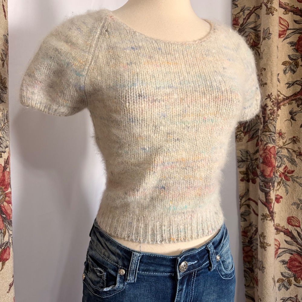 Jeanne Pierre Angora Wool Blend Short Sleeve Sweater Cream Pastel Confetti M